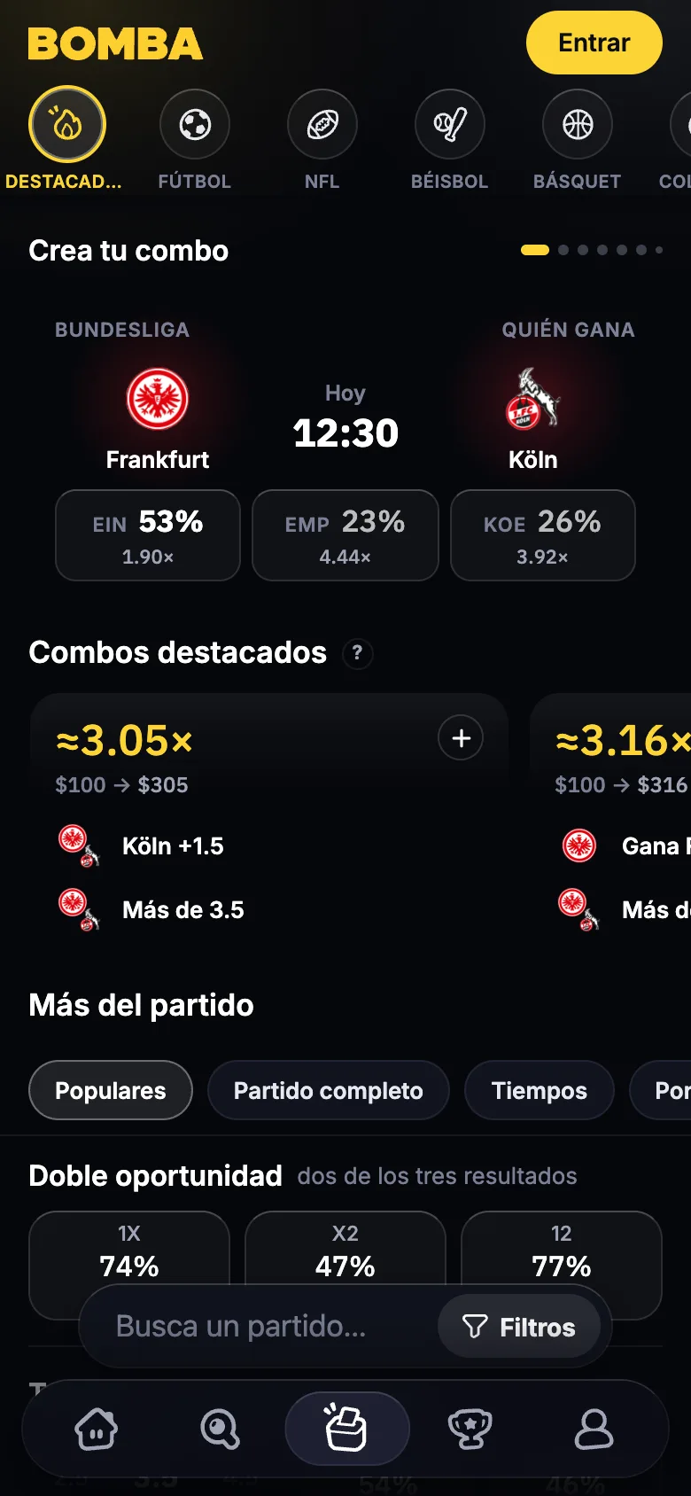 App de Bomba: la pestaña Combos con un partido de la Bundesliga y combos destacados