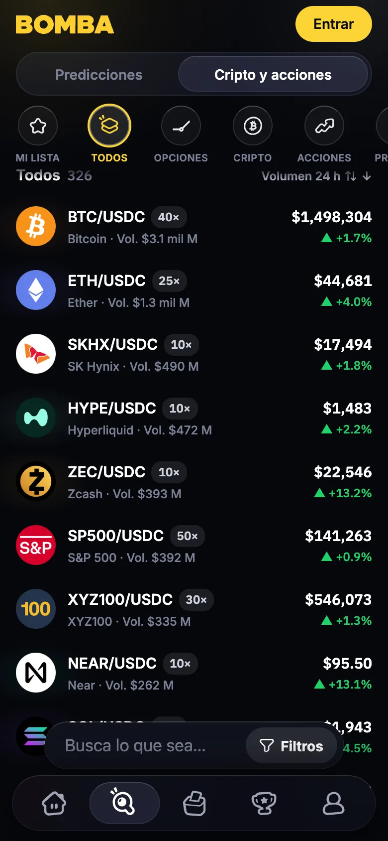 App de Bomba: futuros de cripto y acciones ordenados por volumen de 24 h