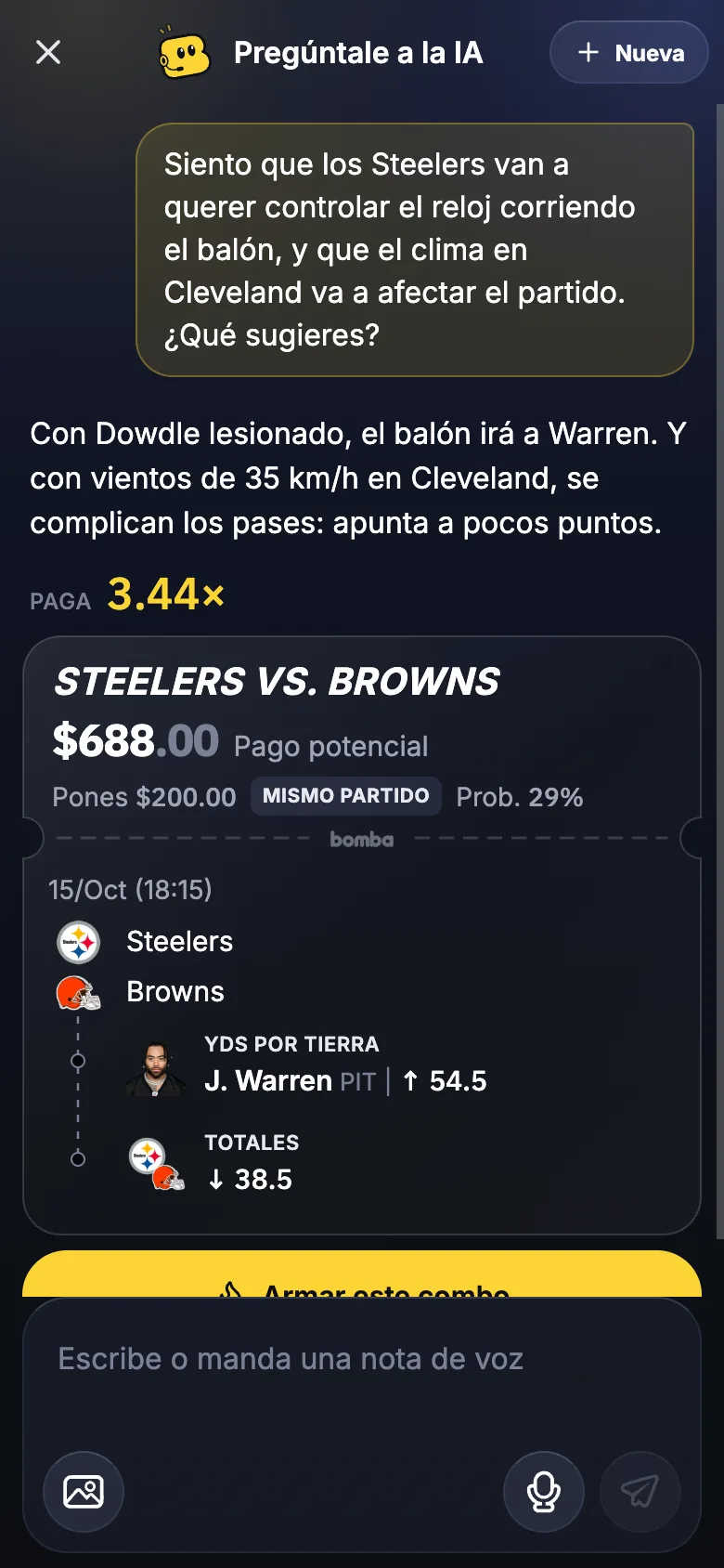 App de Bomba: la IA proponiendo un combo para Steelers vs. Browns